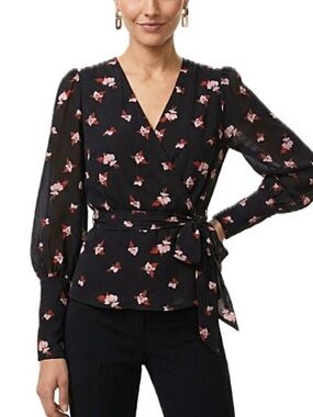Chelsea28 Floral Peplum Blouse Size XS Long Puff Sleeve Tie Wrap Dressy Top